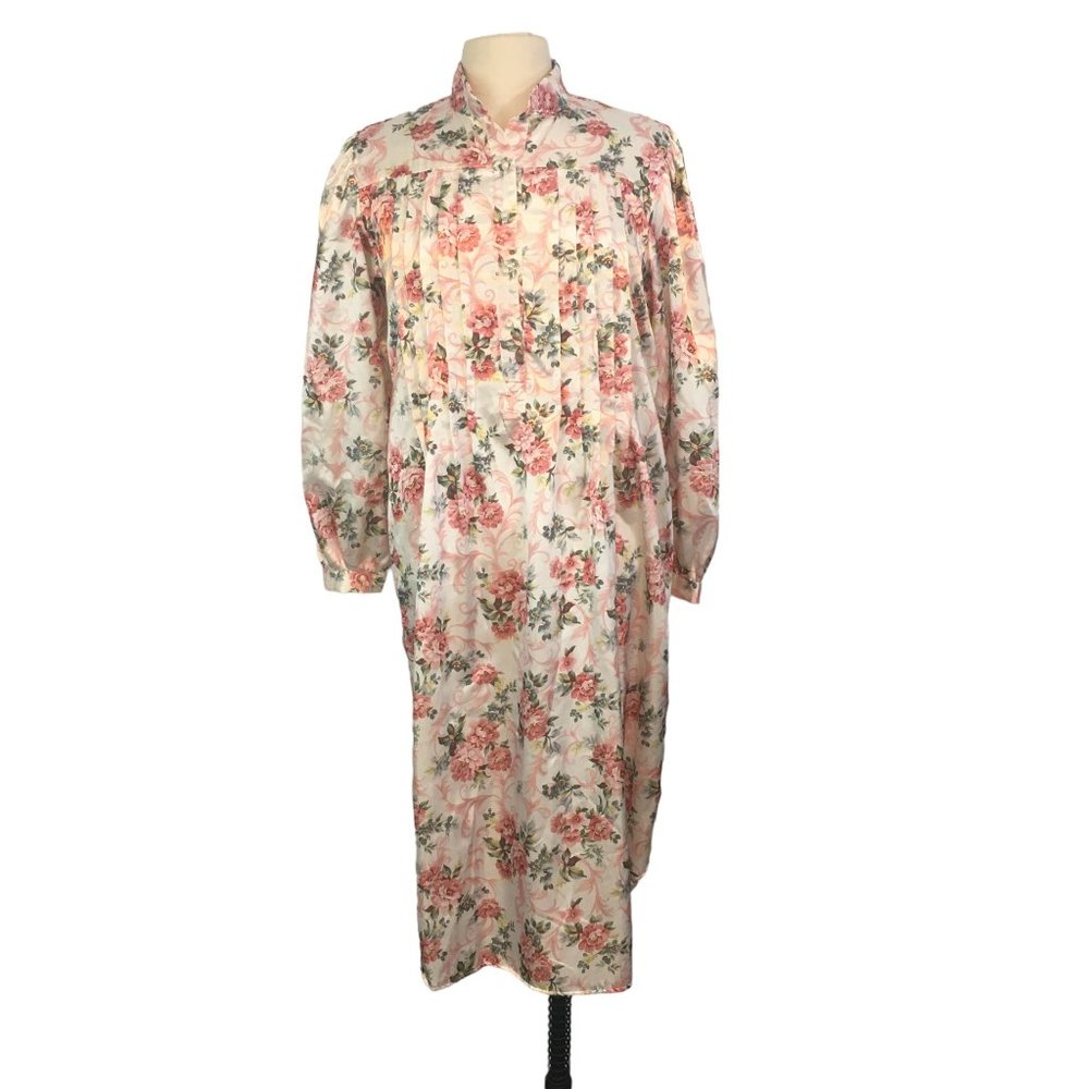 Sears Cachet Vintage Womens White Pink Floral Satin Night Gown, Cottagecore, S